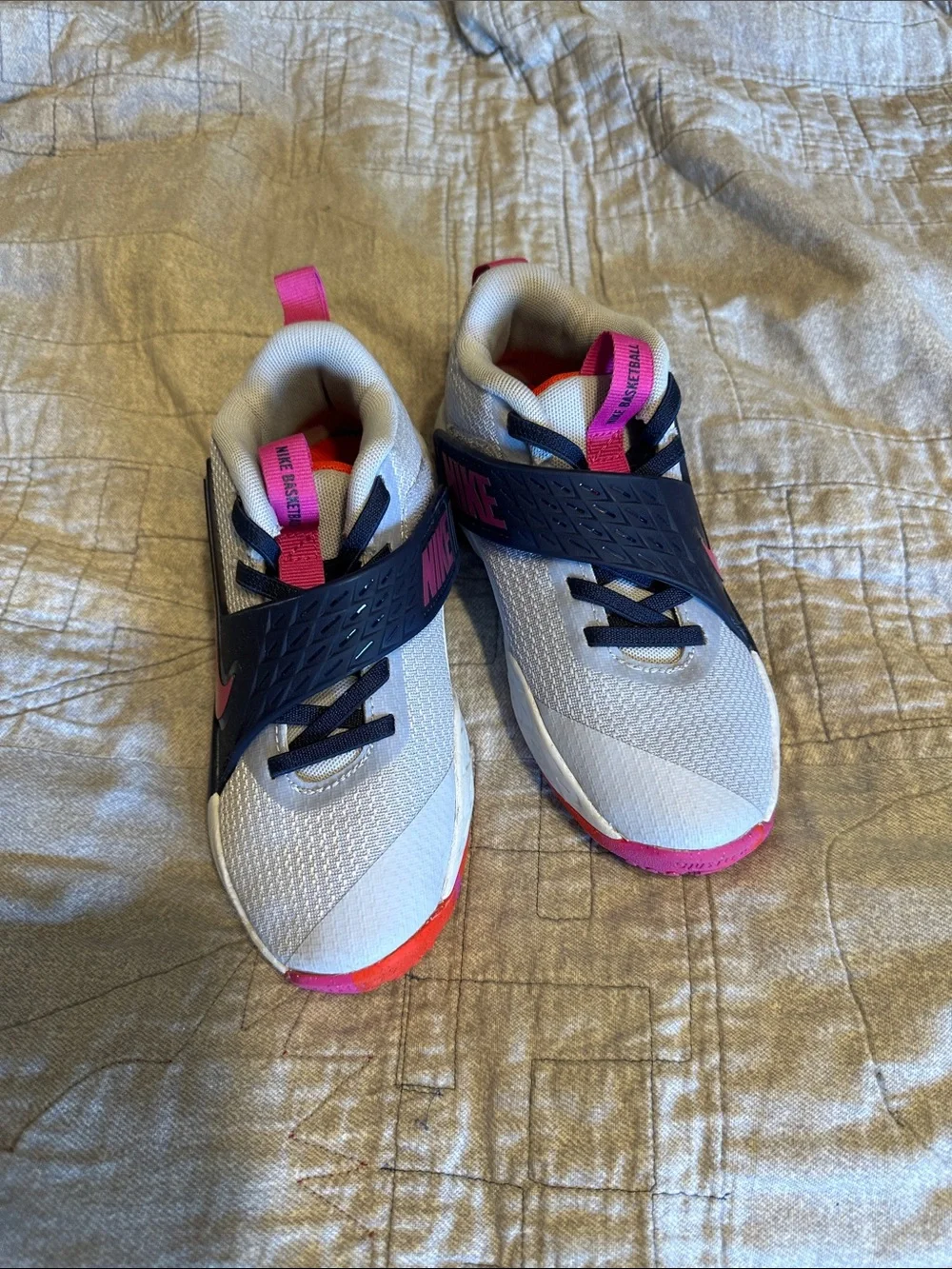 Nike Kids White and Pink Athletic Sneakers with Navy Strap basketball. See Note